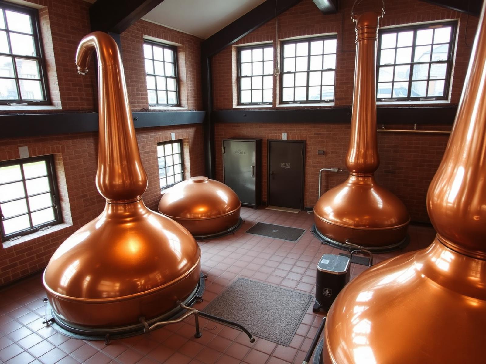 Traditional copper pot stills standing in a distillery still house